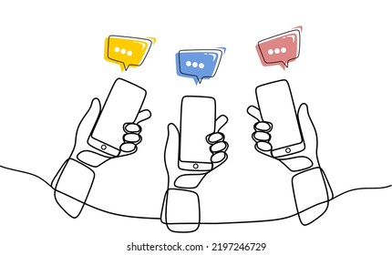continuous line drawing of hand using social media mobile app on smart phone, single line vector illustration