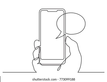 continuous line drawing of hand using social media app on smart phone