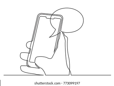 continuous line drawing of hand using social media app on mobile phone