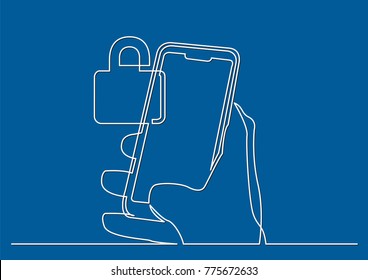 continuous line drawing of hand using modern mobile phone with security lock
