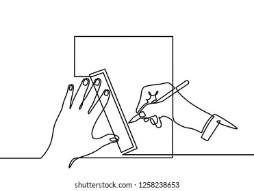 continuous line drawing of hand drawing a line . vector illustration for banner, poster, web, template, business card. Black thin line image of hands writing icon