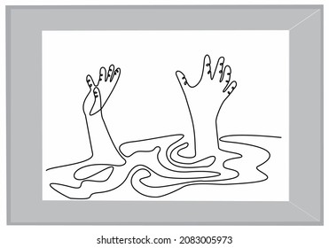 
continuous line drawing of hand in water asking for help. Failure and rescue concept
