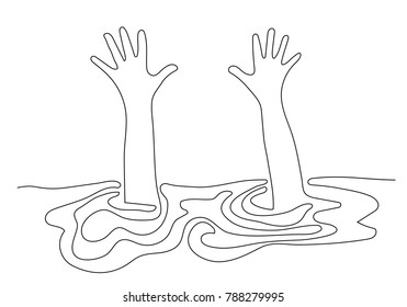 continuous line drawing of hand in water asking for help. Failure and rescue concept