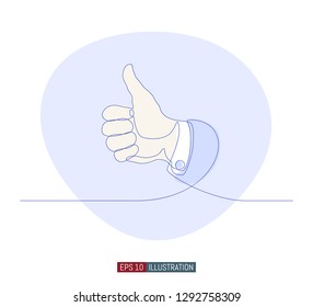 Continuous line drawing of hand whith thumb up gestures. Template for your design works. Vector illustration.