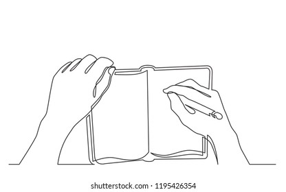 continuous line drawing of hand writing notes in workbook