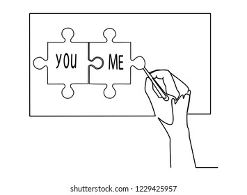 Continuous line, drawing of Hand writing messages on pape
Jigsaw you/me