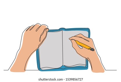 continuous line drawing of hand writing notes in workbook