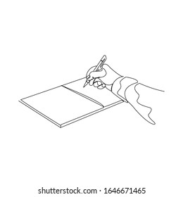 Continuous line drawing of hand writing on book paper with pen. Vector illustration.