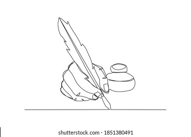 Continuous line drawing of hand writing use quill pen ink. One line art concept of vintage brush pen signature and lettering. Vector illustration