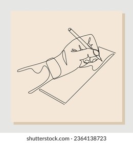 Continuous line drawing of hand writing on book paper with pen. Vector illustration.	
