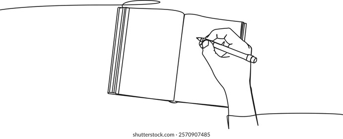 continuous line drawing of hand writing in diary or journal, line art vector illustration