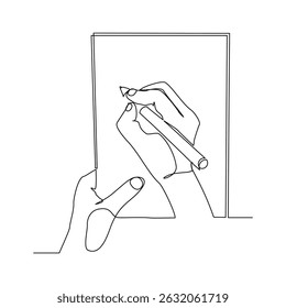 Continuous line drawing of hand writing on book paper with pen. Vector illustration sketch business education concept editable stroke