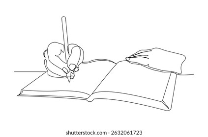 Continuous line drawing of hand writing on book paper with pen. Vector illustration sketch business education concept editable stroke