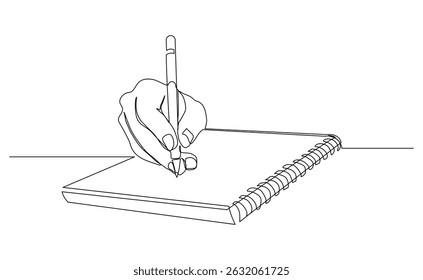 Continuous line drawing of hand writing on book paper with pen. Vector illustration sketch business education concept editable stroke