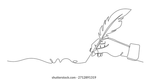 Continuous line drawing of a hand writing with a feather quill symbolizing creativity expression and classic literature. Single line illustration suitable for writing art education and vintage themes.