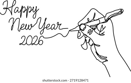 Continuous Line Drawing of Hand Writing Happy New Year 2026. Minimalist Typography Vector Art.Minimalist New Year 2026 Greeting Design. Modern One Line Text and Hand Gesture Illustration.