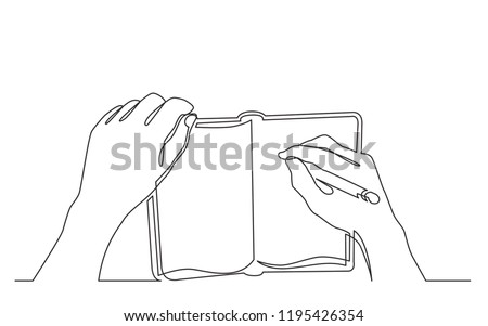 continuous line drawing of hand writing notes in workbook