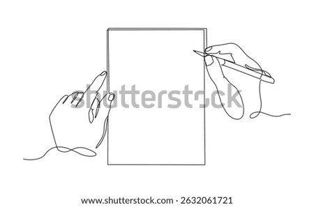 Continuous line drawing of hand writing on book paper with pen. Vector illustration sketch business education concept editable stroke