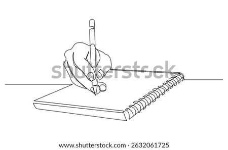 Continuous line drawing of hand writing on book paper with pen. Vector illustration sketch business education concept editable stroke