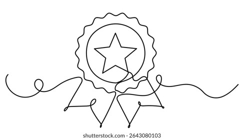 Continuous line drawing of a hand-drawn vector of a Rosette Stamp award badge with award.medal Premium quality and warranty concept in minimalist linear style.Medal doodle illustration.