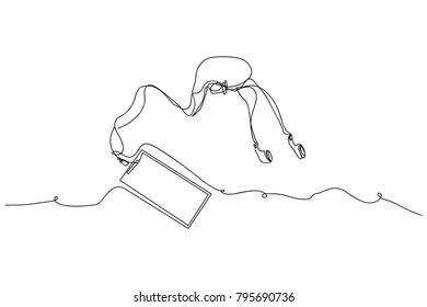 continuous line drawing, handheld and headphones The concept of network technology