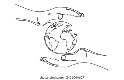 El dibujo continuo de la línea de la tierra de la mano salva el medio ambiente mundial. Mano de la palma de una sola línea que sostiene el globo terrestre. ilustración vectorial del mapa del mundo. mano humana que sostiene el planeta Tierra del mundo.