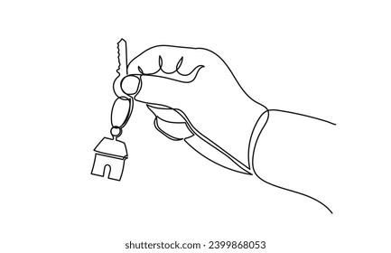 Continuous line drawing of Hand-holding home key. giving key with a house shape hand single-line art, the concept of apartment, security, real estate.