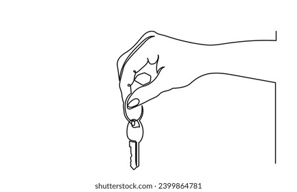 Continuous line drawing of Hand-holding key. giving key with a hand single-line art, the concept of apartment, security, real estate.