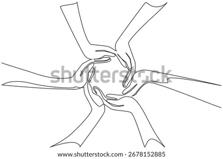 Continuous line drawing of hands arranged in a circle, representing harmony, teamwork, and global friendship for Race Unity Day. A unity concept artwork for peace and justice.
