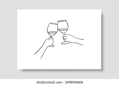 Continuous line drawing. Hands cheering with glasses of wine. Perfect for social media, blogs, wall art, decorating your home and also for other ideas. Vector EPS 10.