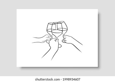 Continuous line drawing. Hands cheering with glasses of wine. Perfect for social media, blogs, wall art, decorating your home and also for other ideas. Vector EPS 10.