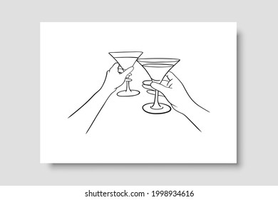 Continuous line drawing. Hands cheering with glasses of wine. Perfect for social media, blogs, wall art, decorating your home and also for other ideas. Vector EPS 10.