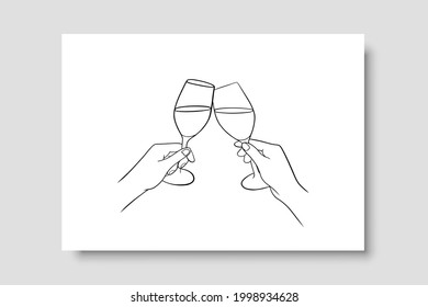 Continuous line drawing. Hands cheering with glasses of wine. Perfect for social media, blogs, wall art, decorating your home and also for other ideas. Vector EPS 10.