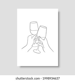 Dibujo continuo de líneas. Manos animando con vasos de vino. Perfecto para medios sociales, blogs, arte mural, decorar tu hogar y también para otras ideas. EPS vectorial 10.