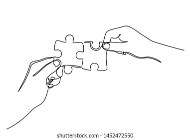 Continuous line drawing of hands Combining Two Puzzle Pieces isolated on white background.