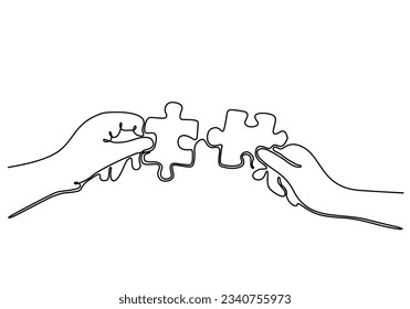Continuous line drawing of hands Combining Two Puzzle Pieces isolated on white background.