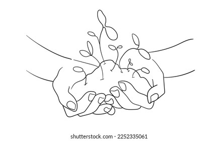 Continuous line drawing of hands with earth from which sprouts grow. Ecological vector illustration