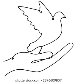 Continuous line drawing hands with flying free bird. Peace linear symbol. Vector hand drawn illustration isolated on white.