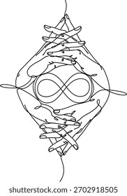 Desenho de linha contínua de mãos formando simetria. Símbolo de unidade eterna. Conexão humana e design de vetor de arte de conceito ilimitado.