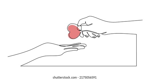 Continuous line drawing hands giving hearts   receiving cute   sweet heart gifts  For Valentine's Day greeting cards  birthday  love greetings for couples  Hand holding heart in doodle style 
