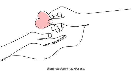 Continuous line drawing hands giving hearts   receiving cute   sweet heart gifts  For Valentine's Day greeting cards  birthday  love greetings for couples  Hand holding heart in doodle style 