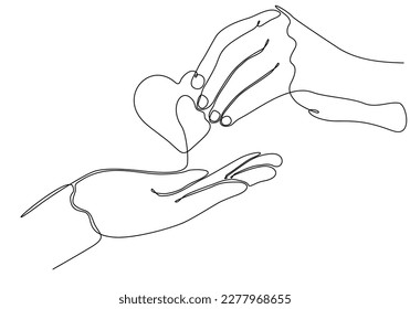 Continuous line drawing hands giving hearts   receiving cute   sweet heart gifts  For Valentine's Day greeting cards  birthdays  love wishes for couples  Hands holding heart in doodle style 
