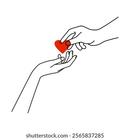 Continuous line drawing of hands giving hearts and receiving cute and sweet heart gifts. For Valentine's Day greeting cards, birthday, love greetings for couples. Hand holding heart in doodle style.