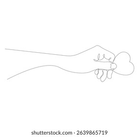 Continuous line drawing of hands giving heart and love. For Valentine's Day greeting card, birthday, love greeting for couple. Hands holding heart in scribble style.