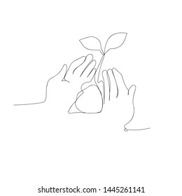 continuous line drawing of hands growth plant. isolated sketch drawing of hands growth plant line concept. outline thin stroke vector illustration