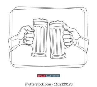 Continuous line drawing of hands holding beer glasses and clinking. Template for your design. Vector illustration.