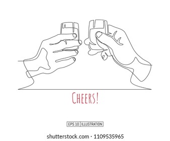 Continuous line drawing of hands holding glasses and clinking. Template for your design. Vector illustration.