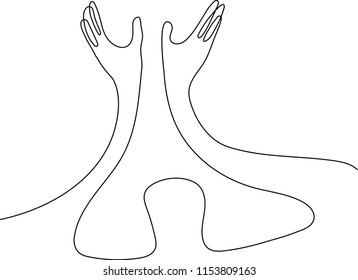 Continuous line drawing of hands holding design on white background.