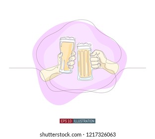 Continuous line drawing of hands holding beer glasses and clinking. Template for your design. Vector illustration.