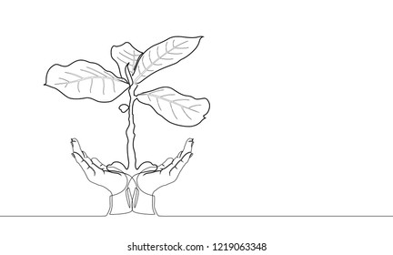 The continuous line drawing of hands holding young tree. concept of support growth of business in the future or business development symbolic or  Support growth of new life or eco symbolic.